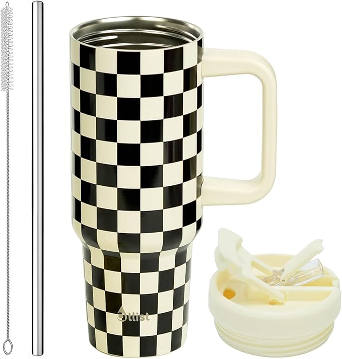 ProTour 100% Leakproof 40 oz Tumbler with Handle & 4-in-1 SipSwig Lid | Built-In Flip Straw & External Stainless Steel Straw | Insulated Stainless Steel Cup | BPA-Free | Black & White Checkered