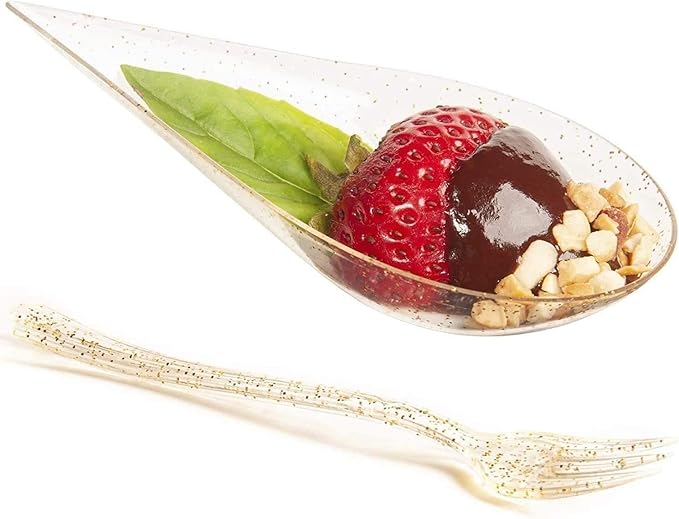 DLux 100 4-in Tear Drop Mini Appetizer Plates with Forks, Reusable Gold Glitter Clear Plastic Spoon - Dessert and Appetizers Dishes Serving Plate - Asian Spoon Set, Small Catering Dessert Tasting Cups
