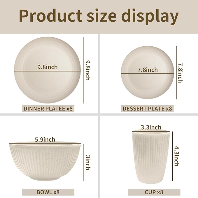 Wheat Straw Dishes Set for 8, Dinnerware Sets 32 piece, Unbreakable Plates, Bowls, Cups Sets for Kitchen Parties Camping RV - Beige