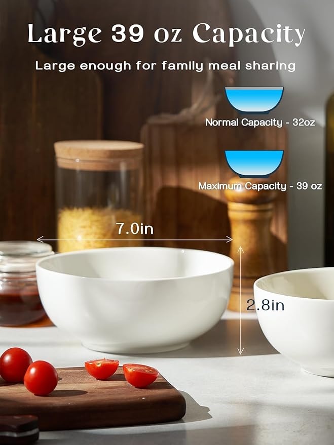 DOWAN 39 OZ Large Deep Bowls Set of 4 - White Ceramic Bowls for Ramen, Pasta, Salad, Mixed Fruit - Dishwasher & Microwave Safe (Soft White)