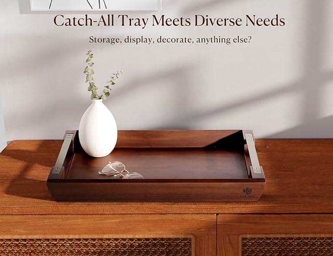 Acacia Wood Serving Tray with Metal Handles, 17x13in Food Drinks Tray for Coffee Table, Breakfast, Dinner & Bar, Rustic Decorative Storage Tray for Ottoman, Kitchen, Packaging