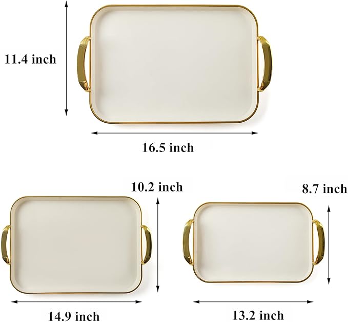 Serving Tray with Handles Set of 3 Rectangular Large Serving Platters 16.5/14.9/13.2 Inch White Plates for Dinner, Party, Entertaining, Cream Gold