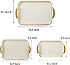 Serving Tray with Handles Set of 3 Rectangular Large Serving Platters 16.5/14.9/13.2 Inch White Plates for Dinner, Party, Entertaining, Cream Gold