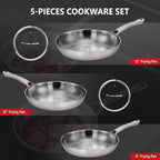 ROVSUN 8-10-12 Inch Stainless Steel Cookware Set, Tri-Ply Skillets Set with Lids, Full Clad Stainless Steel Chef's Pan, PFOA & PTFE Free Skillets, Compatible for All Cooktops, Dishwasher & Oven Safe