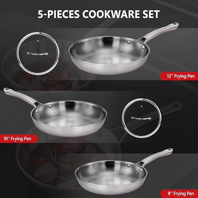ROVSUN 8-10-12 Inch Stainless Steel Cookware Set, Tri-Ply Skillets Set with Lids, Full Clad Stainless Steel Chef's Pan, PFOA & PTFE Free Skillets, Compatible for All Cooktops, Dishwasher & Oven Safe
