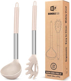 Silicone Pasta Fork and Ladle Spoon Set, Large Non Stick Kitchen Utensils for Cooking,Stirring,Serving Spaghetti, Soup, Sauce (KHAKI)