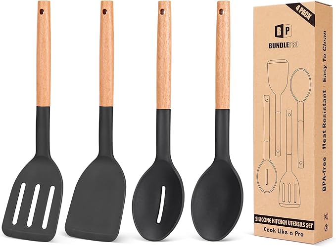 Pack of 4 Silicone Cooking Utensils Set, Non Stick Solid Spatulas and Heat Resistant Slotted Spoons with Wooden Handle, Ideal Wood Kitchen Utensils Set for Frying,Serving,Turning,Stirring (BLACK)