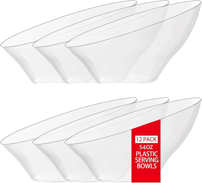 bUCLA 54 OZ Clear Plastic Serving Bowls (12 Pack) - Angled Serving Bowls Disposable for Chip&Candy - Party Table Salad and Fruit