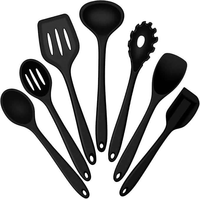 E-far Silicone Cooking Utensils Set, 7-Piece Black Heat Resistant Kitchen Utensils Set, Kitchen Nonstick Tools Spatula Ladle Spoon Pasta Server for Non-stick Cookware, Non-Toxic & Dishwasher safe