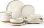 AmorArc Ceramic Dinnerware Sets for 4, 12 Pieces Handpainted Plates and Bowls Set with Rustic Terracotta Underside, Scratch Resistant Stoneware Dishes Set, Dishwasher & Microwave Safe, Beige