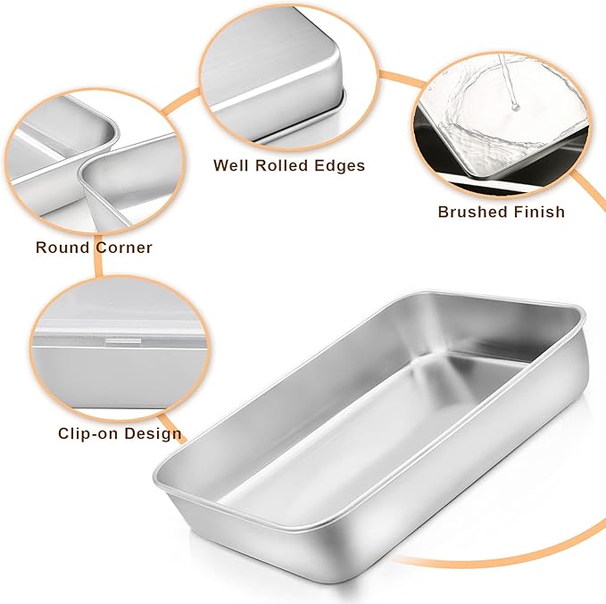 E-far Small Baking Pan with Lid, 9.4”x 7” x 2” Stainless Steel Rectangle Sheet Cake Pans for Toaster Oven, Metal Covered Bakeware for Cakes Brownies Casseroles, Non-toxic & Dishwasher Safe - Set of 2