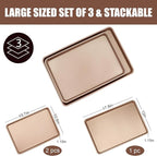 3-Pack Nonstick Carbon Steel Baking Sheet Set | Heavy Duty 0.8mm Cookie Sheets - Large 17.8"x12" & 2 Medium 15.7"x10.8" Commercial Gold Pans for Oven, Roasting & Toaster
