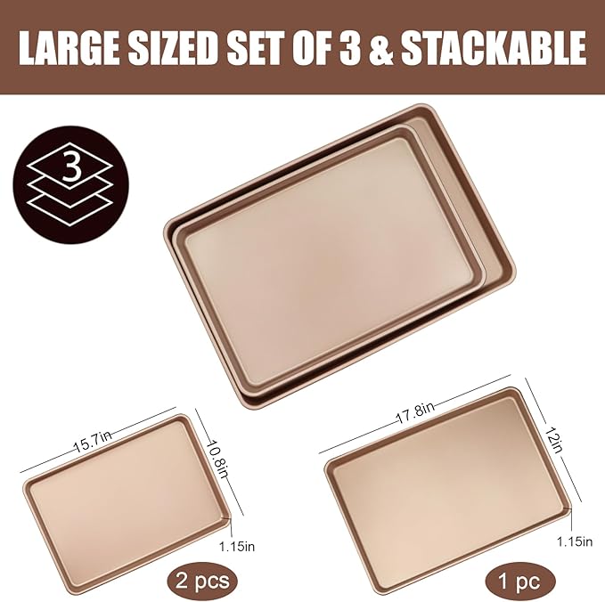 3-Pack Nonstick Carbon Steel Baking Sheet Set | Heavy Duty 0.8mm Cookie Sheets - Large 17.8"x12" & 2 Medium 15.7"x10.8" Commercial Gold Pans for Oven, Roasting & Toaster