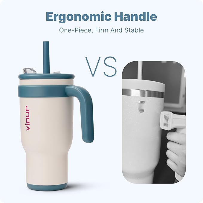 VINUR 30 oz Tumbler with Handle and Straw Lid-Reusable Stainless Steel Insulated Tumbler Cup for Water Coffee, Leakproof Travel Mug with Rubber Base(Cream)