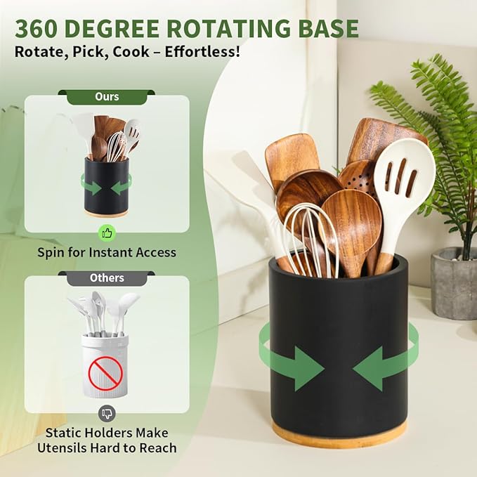 Wooden Utensil Holder, 360°Rotating 7.3'' Large Utensil Holder for Kitchen Counter, Kitchen Utensil Organizer, Utensil Crock, Farmhouse Kitchens Countertop Decor, Black Color
