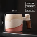 2-Oz Ceramic Espresso Cups with Wood Handle, 2/4-Piece Set for Coffee, Tea, Latte - Dishwasher Safe, Multi-Color & Wood Styles, Gift & Café Use (Kiln turning pink, Wooden Handle2)
