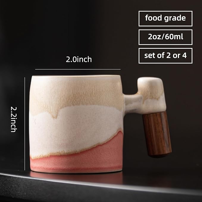 2-Oz Ceramic Espresso Cups with Wood Handle, 2/4-Piece Set for Coffee, Tea, Latte - Dishwasher Safe, Multi-Color & Wood Styles, Gift & Café Use (Kiln turning pink, Wooden Handle2)