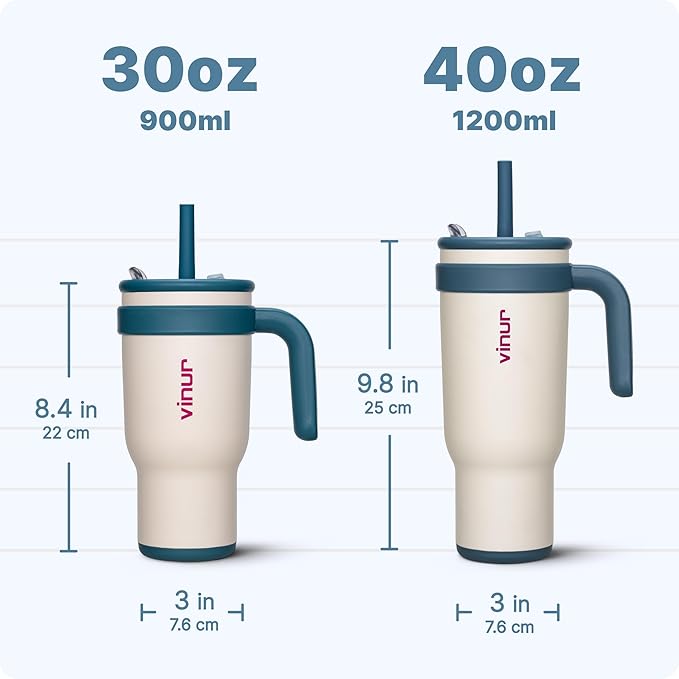 VINUR 30 oz Tumbler with Handle and Straw Lid-Reusable Stainless Steel Insulated Tumbler Cup for Water Coffee, Leakproof Travel Mug with Rubber Base(Cream)