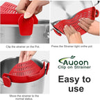 Large AUOON Clip on Strainer for All Pots and Pans - Oversized Silicone Pot Strainer Family-Style Design Pasta Strainer Kitchen Colander for Spaghetti and Noodles | Dishwasher Safe