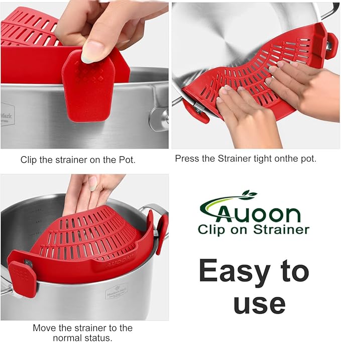Large AUOON Clip on Strainer for All Pots and Pans - Oversized Silicone Pot Strainer Family-Style Design Pasta Strainer Kitchen Colander for Spaghetti and Noodles | Dishwasher Safe