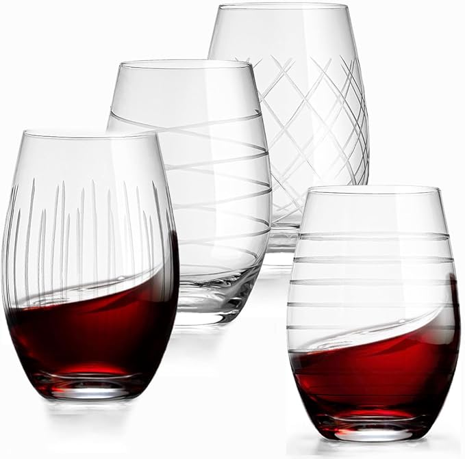 Set of 4 Etched Stemless Wine Glasses - Wine Tumbler Drinking Glass Cups - Kitchen Water Glasses Gift Cup Sets - Lowball Cocktail Glasses for Wedding Anniversary Drink