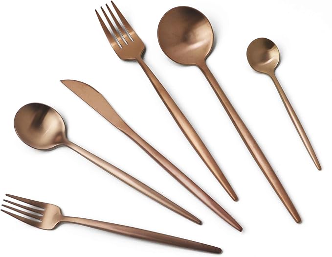 JASHII 18/10 Rose Gold Flatware Silverware Set 304 Stainless Steel Copper Flatware Cutlery Set| 24-Piece Adaline Royal Modern Satin Finish| BEST Birthday Wedding Gift (Rose Gold Matte 4 Sets)