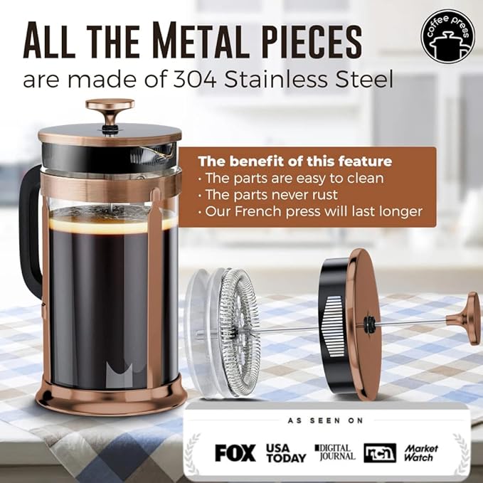 EzDtach French Press Coffee Maker with 2 Extra Screens, 34oz, French Press Stainless Steel 304 Grade, Easy Disassemble Design Double Filter, Thick Heat Resistant Glass Pot (Copper)