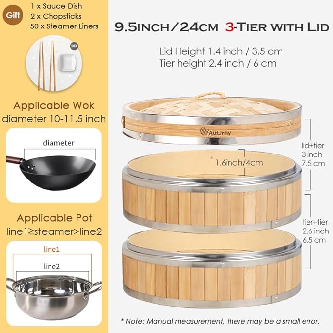 9.5-Inch Vertical Bamboo Steamer Basket, 3-Tier with Stainless Steel Rings | 50 Liners, Sauce Dish & 2-Chopsticks | Cooking Pot for Buns Dumplings Rice Vegetables Dim Sum