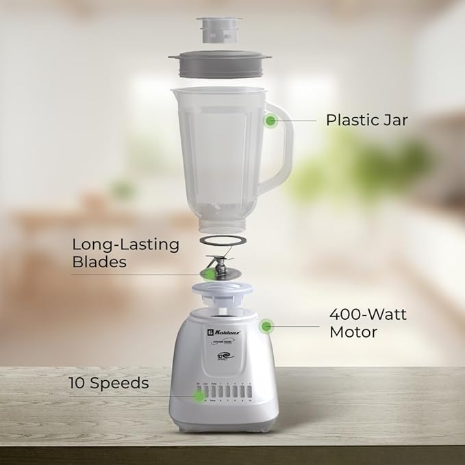 Koblenz 42 oz Plastic Jar Blender, 10 Speed and 2 Pulses, Countertop Blender with Stainless Steel Blades, Perfect for Shakes and Smoothies, 500-Watt Motor, White, LKM-5510 PB
