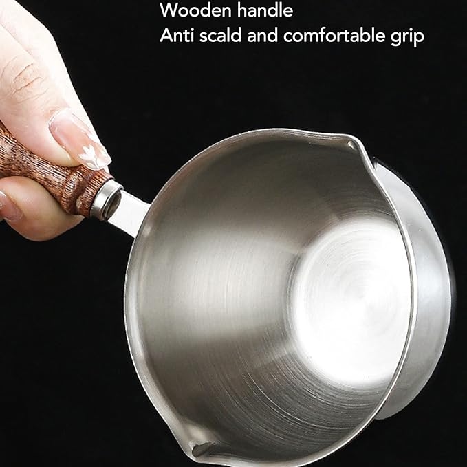 Milk Pot 120ml/200ml Stainless Steel Flat Bottom Butter Melting Pot with Wooden Handle, Mini Sauce Pan Coffee Warmer Pot for Chocolate Melting(120ml)