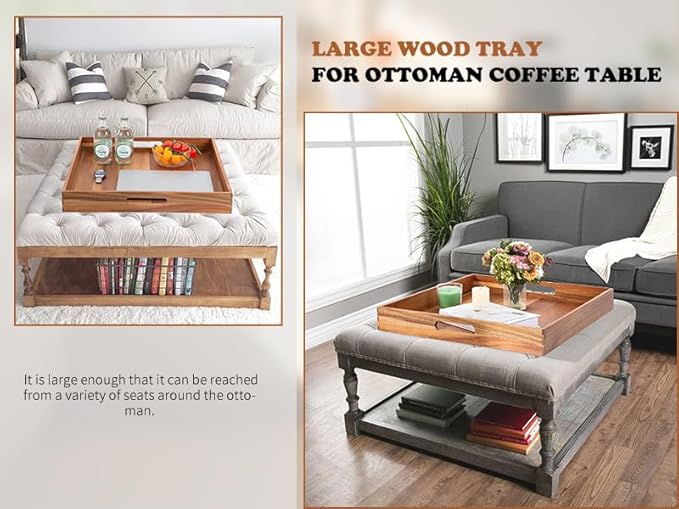 Large Ottoman Tray for Living Room, 20" Extra Large Tray for Ottoman Square Acacia Serving Trays with Handles for Coffee Table, Breakfast, Appetizers, Dinner