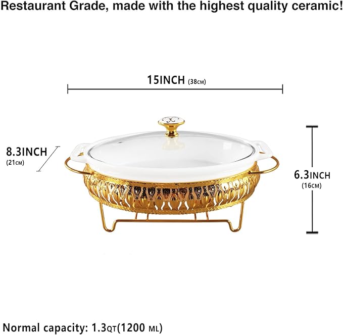 11" x 7" Ceramic Oval Casserole Dish with Glass Lid and Gold rack, 1.3 Quart White Serving Soup Tureen,Chafing Dish for Buffet, Family Food preserve Tray, Catering Casserole for Party Style