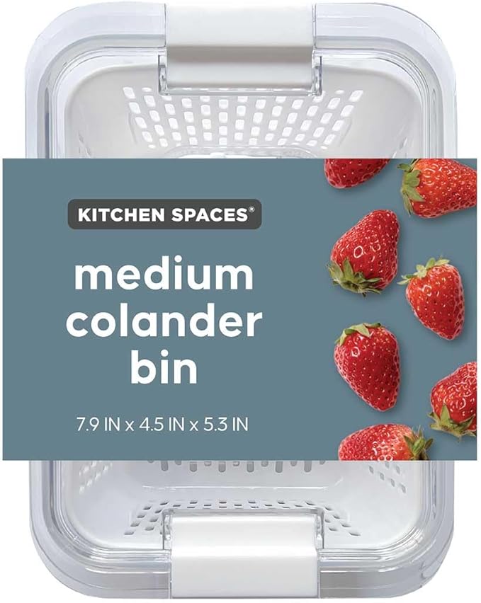 Kitchen Spaces Colander Bin, Produce Saver, Fridge Organizer With Lid, Wash, Strain and Store, Great for Refrigerator, Freezer and Pantry, Medium, White, Pack of 1