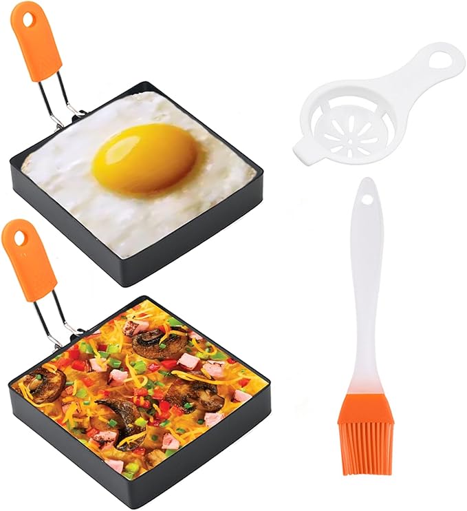 4 Inch Suqare Egg Rings for Frying Eggs,2 Packs 4" Square Egg Rings for Griddle, Stainless Steel Griddle Omelete Rings for Fried Eggs Muffin Tortillas Pancake Ring Crepes Ring with SiliconeHandle