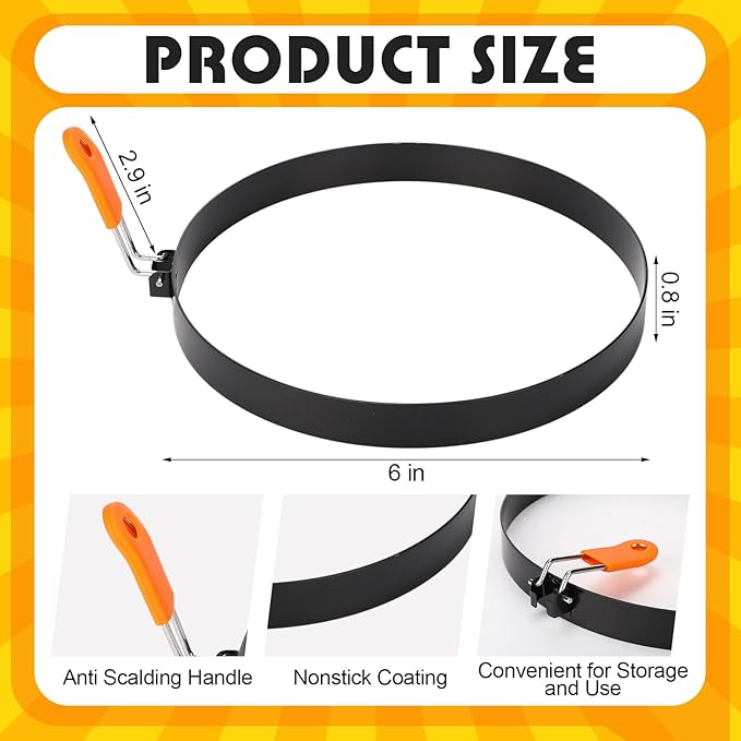 Tioncy 6 Packs Large Omelette Rings for Griddle 6 Inch Stainless Steel Nonstick Pancake Molds Round Omelet Egg Ring Maker with Silicone Handle Grill and Oil Brush for Frying Egg Omelette Muffins