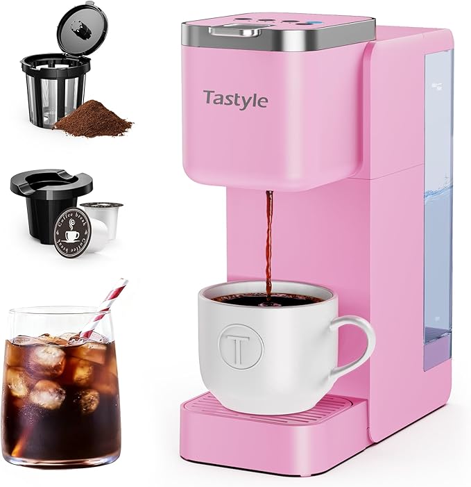 Single Serve Coffee Maker, Iced and Hot Coffee Machine for K Cup & Grounds, Compact Design, 40oz Removable Water Reservoir, 6 to 24 Oz Brew Sizes, Fits 7.3" Travel Mug, Pink