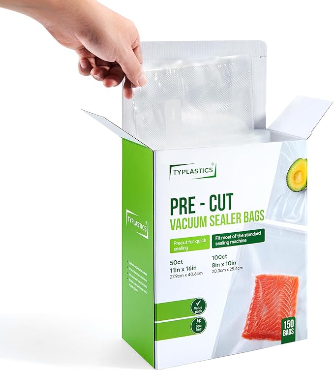 TYPLASTICS Vacuum Sealer Bags, Set of 150 Pre-Cut, Quart and Gallon, for Food Saver, Airtight Vac Storage, Meal Prep