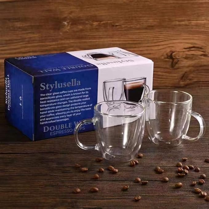 Double Wall Glass Coffee Mugs 5oz / 150ml, Set of 2 Insulated Mugs with Handles, Stylish Tazas de Cafe Con Estilo