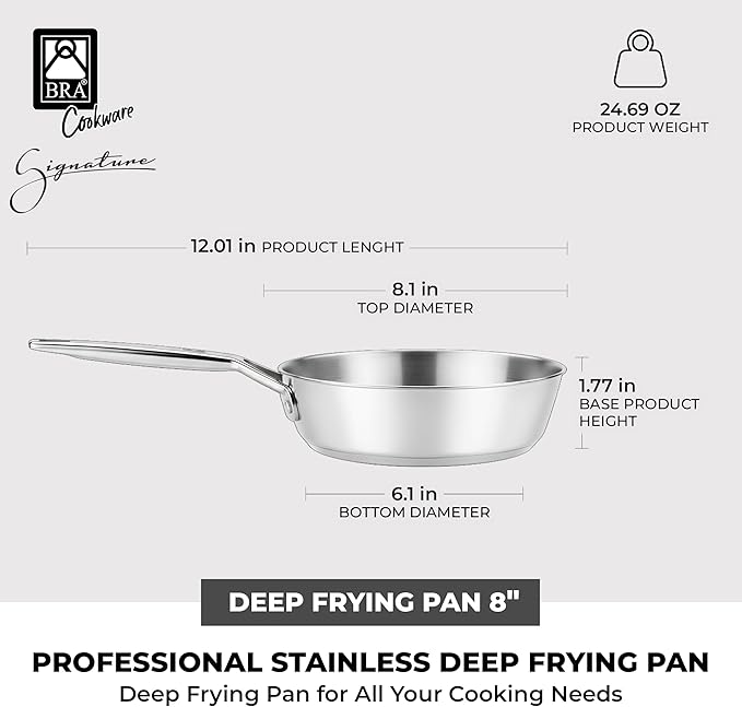 BRA COOKWARE Signature Deep Frying Pan | 8 inches Professional High Skillet | Stainless Steel Deep Frying Pan | All Stovetop Compatible | PFOA Free | w/o Non-Stick Coating | Polished Finish