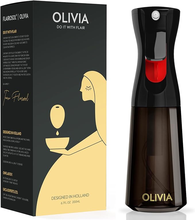 FLAIROSOL OLIVIA Oil Sprayer for Cooking, 200ml Glass Olive Oil Sprayer, Continuous Cooking Spray Dispenser with Portion Control for Kitchen, Air Fryer, Salad, BBQ (Black Bottle, Gold Print)