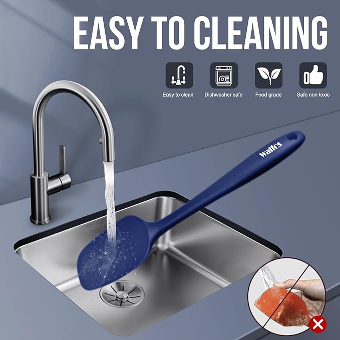 Walfos Silicone Spatula Set (5pcs) - 600℉ High Heat Resistant Kitchen Spoon Navy Blue Spatulas for Cooking Mixing & Baking, Strong Steel Core and One-Pieces Seamless Design, BPA Free Dishwasher Safe