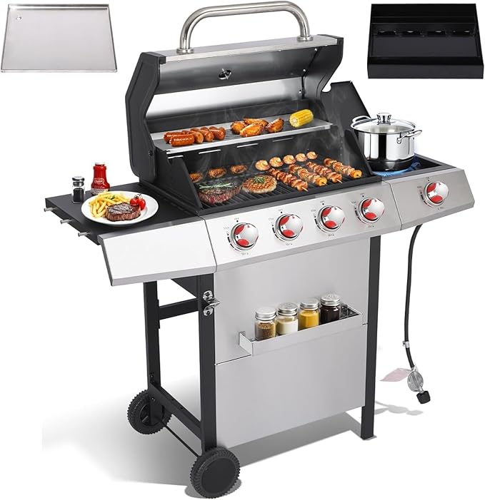 Griddle Grill Combo, Propane Gas and Charcoal Grill Combo, Outdoor BBQ Grills, 4 Burner Propane Stove with Griddle, Cast Iron Grates, Side Burner & Prep Space
