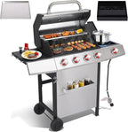 Griddle Grill Combo, Propane Gas and Charcoal Grill Combo, Outdoor BBQ Grills, 4 Burner Propane Stove with Griddle, Cast Iron Grates, Side Burner & Prep Space