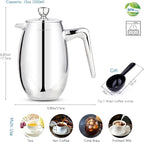 Easyworkz Nando French Press 12 oz Double Wall Insulated Thermal Coffee Maker,304 Stainless Steel Cafetiere