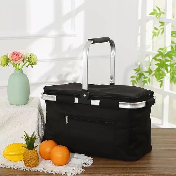 30L Large Picnic Basket, Foldable and Insulated Wild Outdoor Camping Picnic Large Capacity Picnic Basket with Handle for Picnic, Takeout, Shopping, Camping, Traveling (Black)