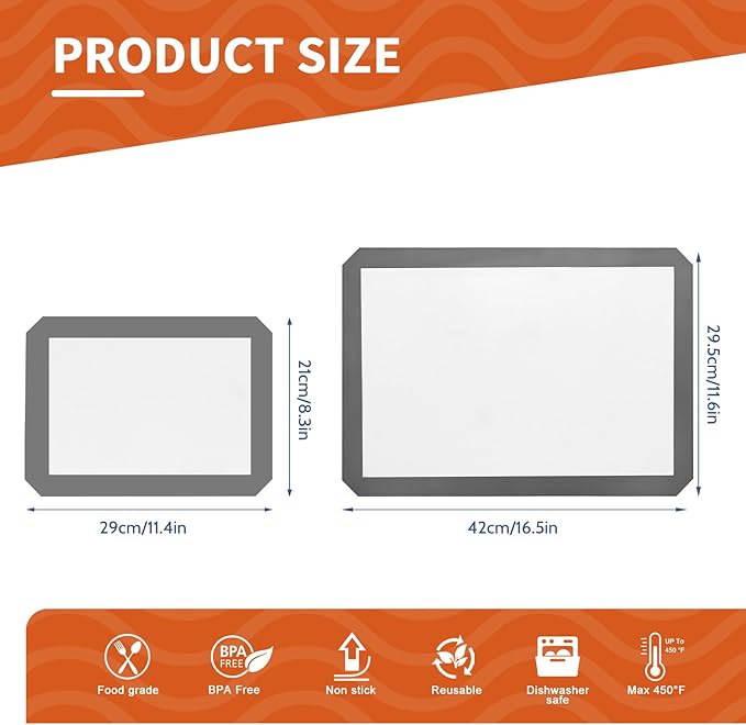 KitchenRaku Silicone Baking Mat Set of 3, 2 Half Sheets (16.5"x11.6") + 1 Quarter Baking Sheet Reusable Silicone Cooking Mat, BPA Free Baking Sheet for Cookies, Macarons Bread & Pastry