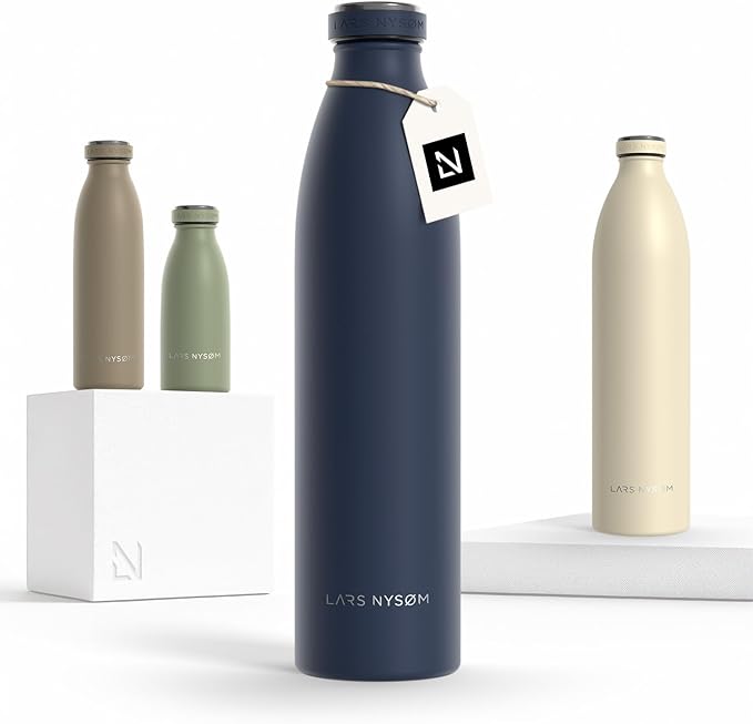 LARS NYSØM Stainless Steel Insulated Water Bottle 12 oz 17 oz 25 oz 34 oz 51 oz | Insulated Thermo Flask for Hot and Cold Beverages | Leakproof Drinking Bottle (Midnight Blue, 33.8 oz)