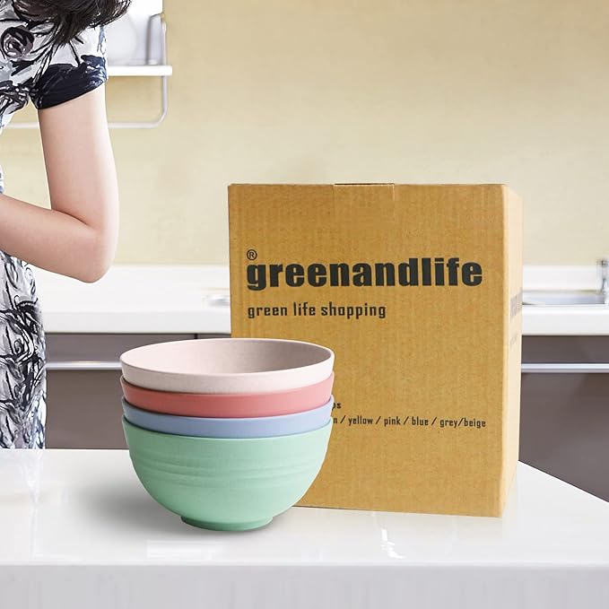 greenandlife Lightweight & Unbreakable Wheat Straw Bowl - Noodle Fruit Soup Bowl Rice Bowls Dishwasher Microwave Safe Cereal Bowl sets 4pcs