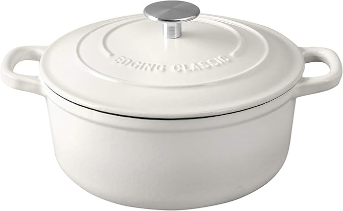 Cast Iron Dutch Oven With Lid Round Pot Enameled Covered for Bread Baking, 7 Quart, White