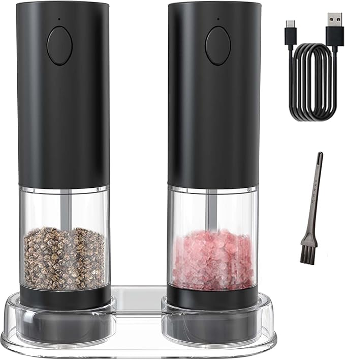 Electric Salt and Pepper Grinder Set, Rechargeable Automatic Salt and Pepper Grinder Set, One Hand Operation with LED Light, Adjustable Coarseness, Refillable, 95ml, Black (2 Pack)